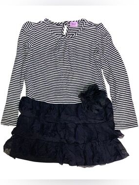 Girls Black & White Striped F&F Dress Layered Ruffle - 4-5 yrs